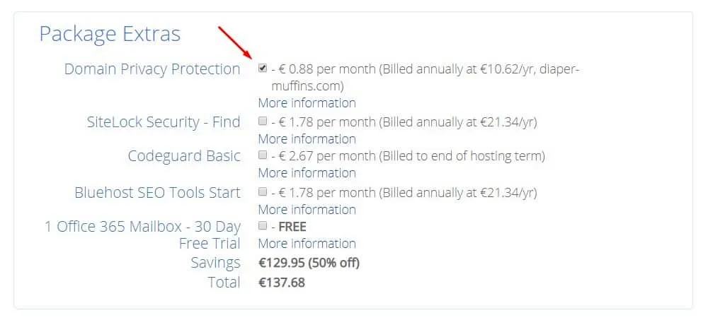 Επιλογή Extras για Bluehost