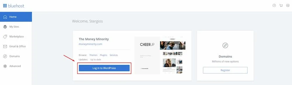 Σύνδεση στο WordPress για πρώτη φορα μέσω BlueHost