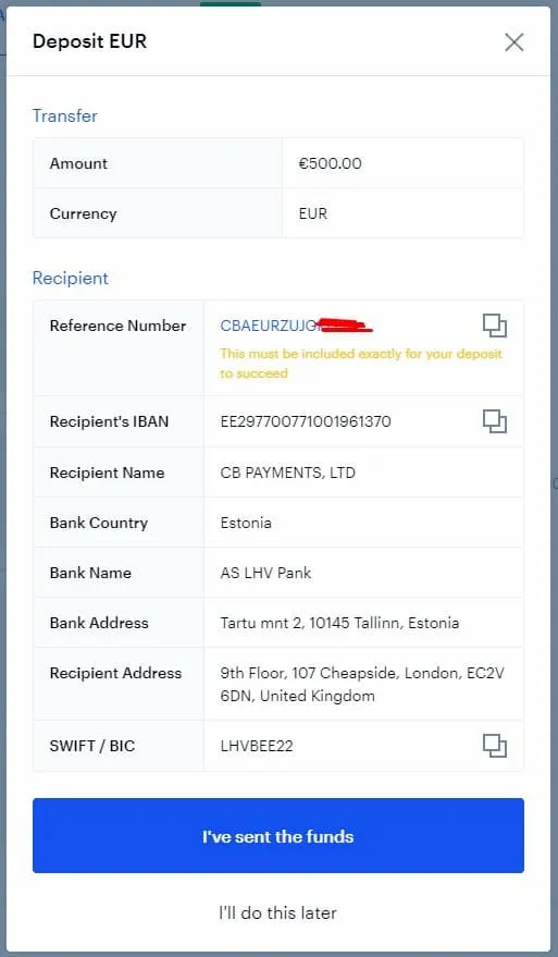 Transfer bani către Coinbase prin transfer bancar – Pasul 4