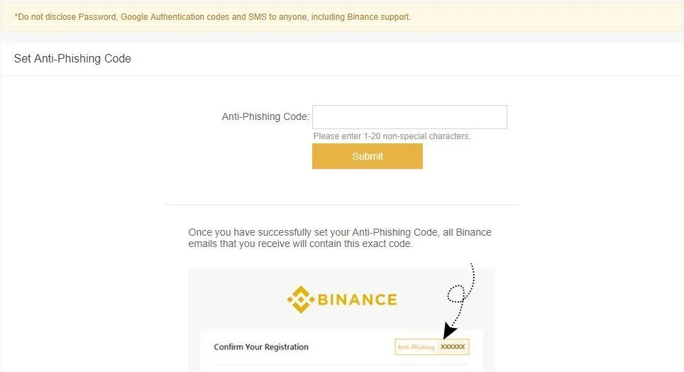 Anti Phishing Code στη binance